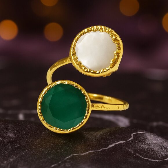 🆕️Turkish Artisan Genuine Emerald & Glass Pearl Adjustable Ring 18K Gold Plated - Picture 1 of 16